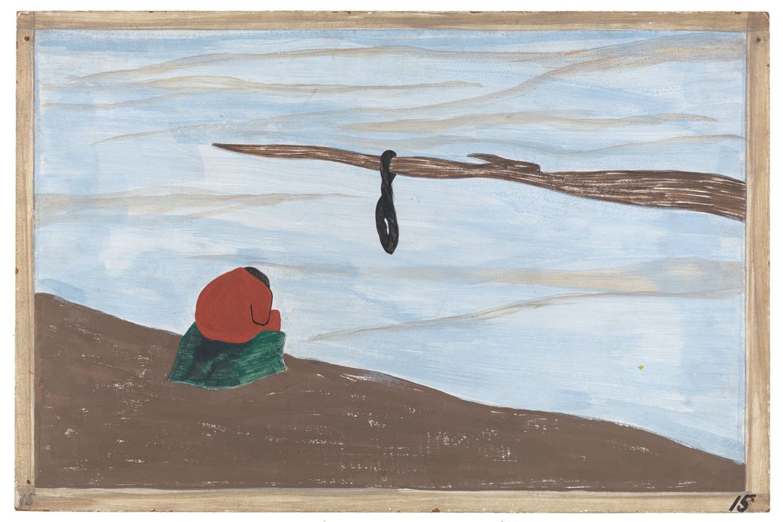 Jacob Lawrence. The Migration Series. 1940-41. Panel 15: "Another cause was lynching. It was found that where there had been a lynching, the people who were reluctant to leave at first left immediately after this." (The Jacob and Gwendolyn Knight Lawrence Foundation, Seattle / Artists Rights Society (ARS), New York)